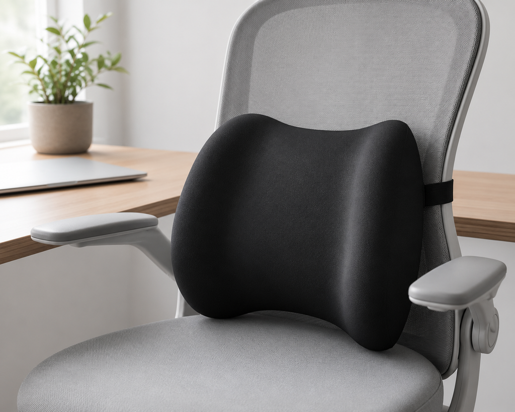 Coussin de soutien lombaire en mousse à mémoire de forme noir, vue sur une chaise