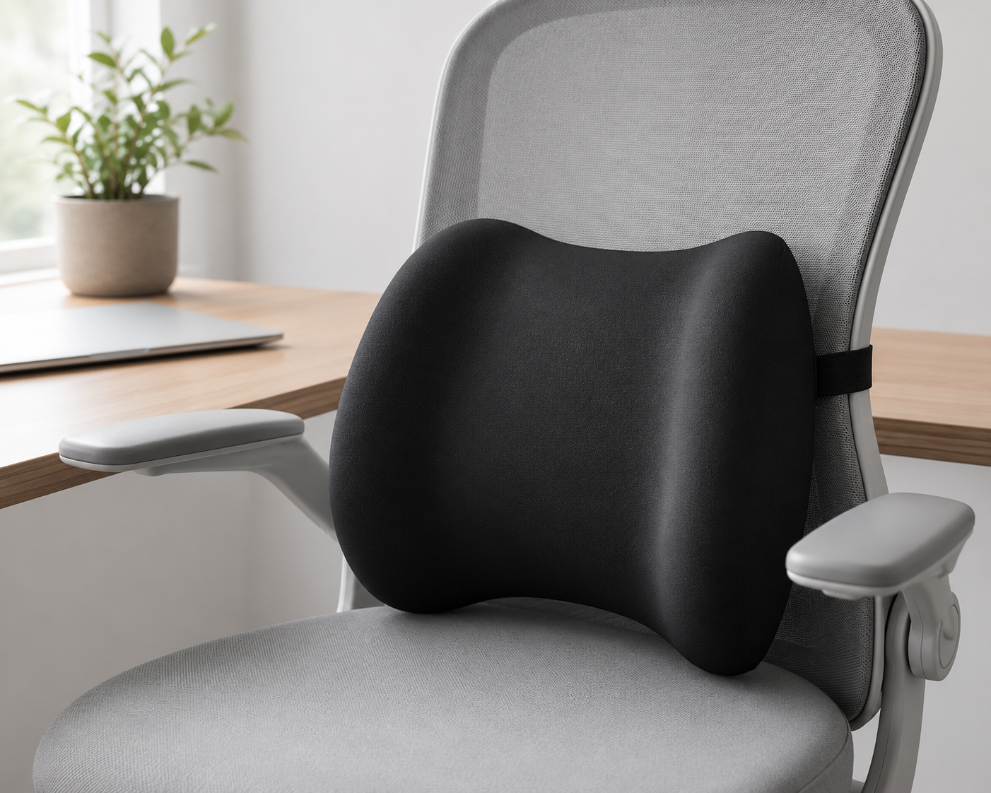 Coussin de soutien lombaire en mousse à mémoire de forme noir, vue sur une chaise