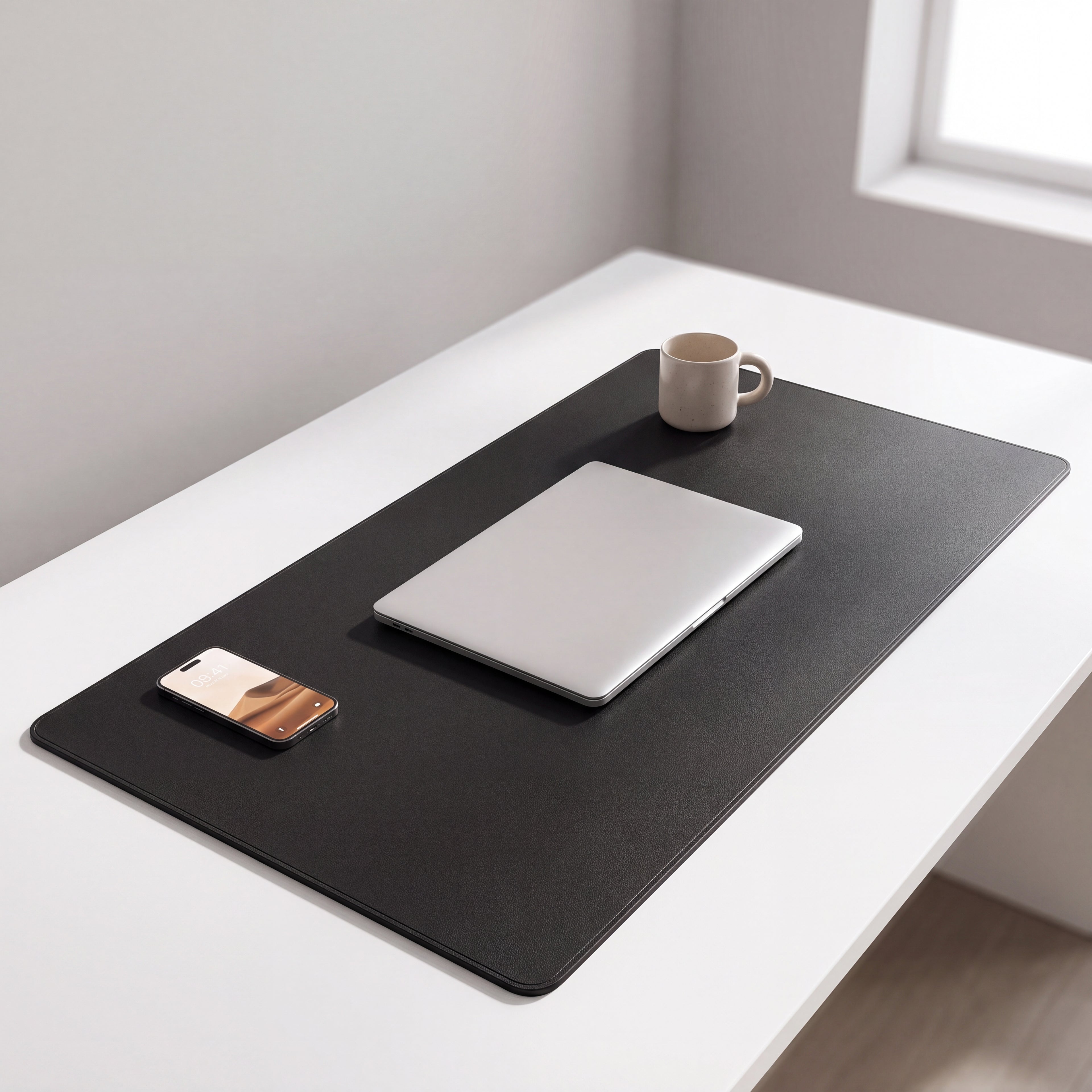 Tapis de bureau en cuir PU noir avec accessoires informatiques posés 