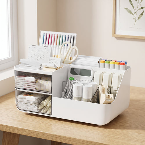 Organisateur de bureau blanc à deux tiroirs transparents rempli de fournitures