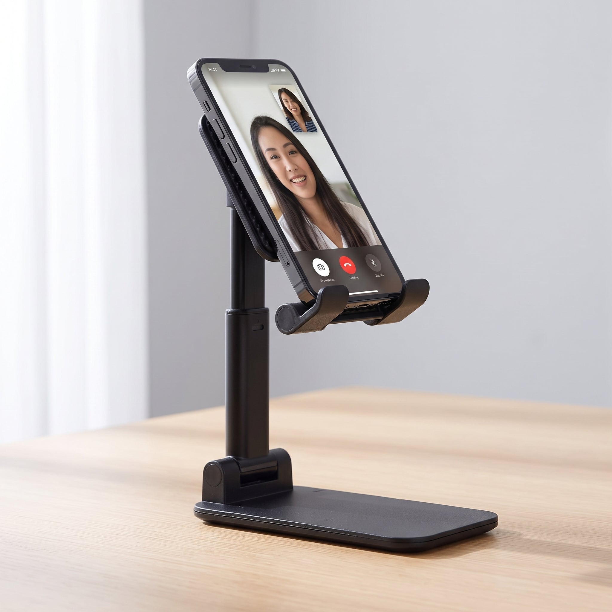 support de telephone maintenant un telephone montrant un appel visio