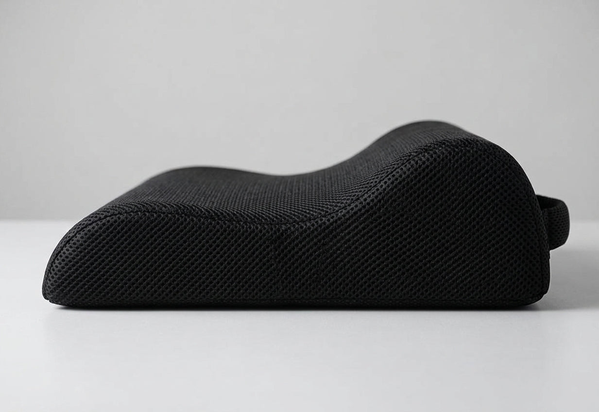 Repose-pieds ergonomique en mousse à mémoire de forme noir, vue de profil