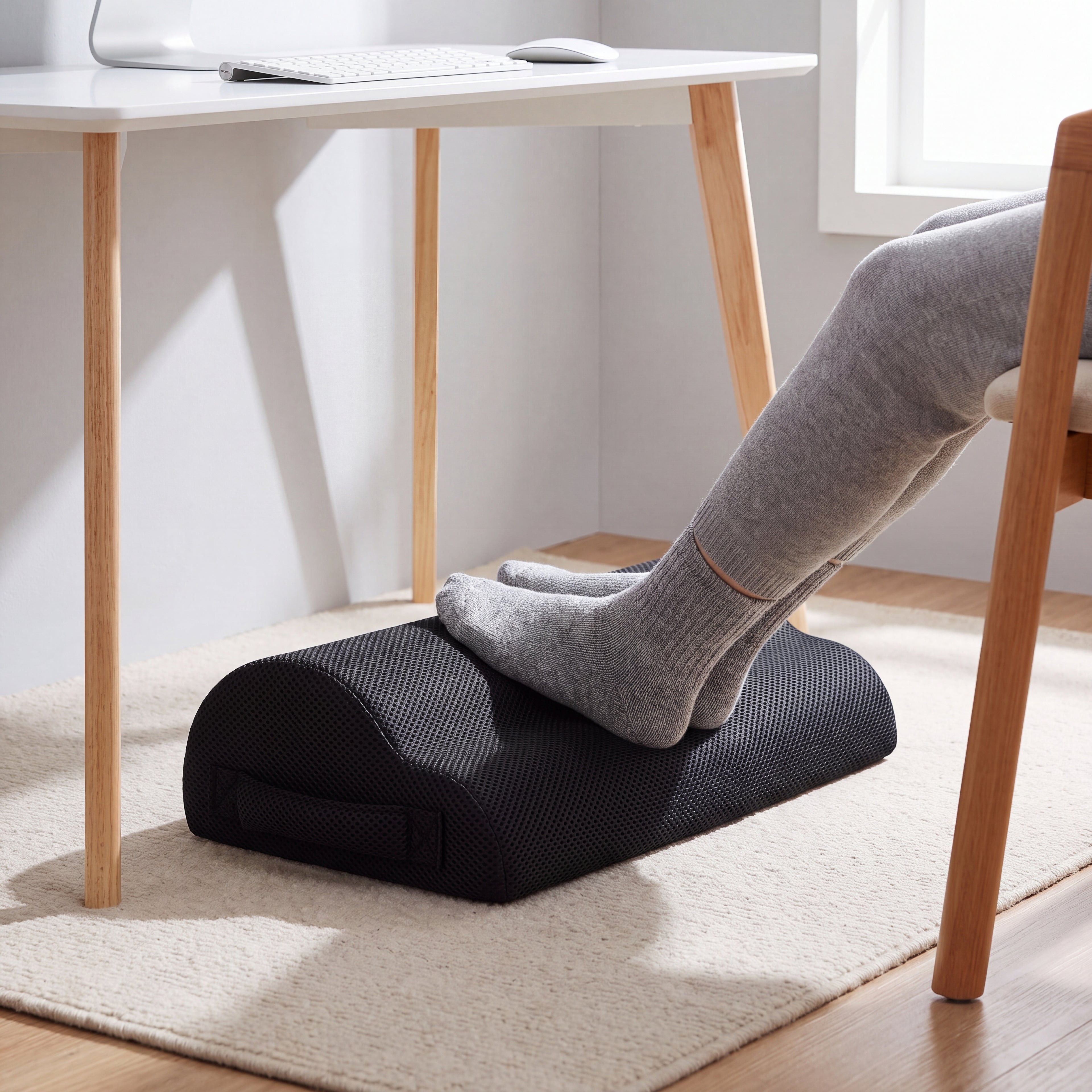 Repose-pieds ergonomique en mousse à mémoire de forme noir, vue sur le sol