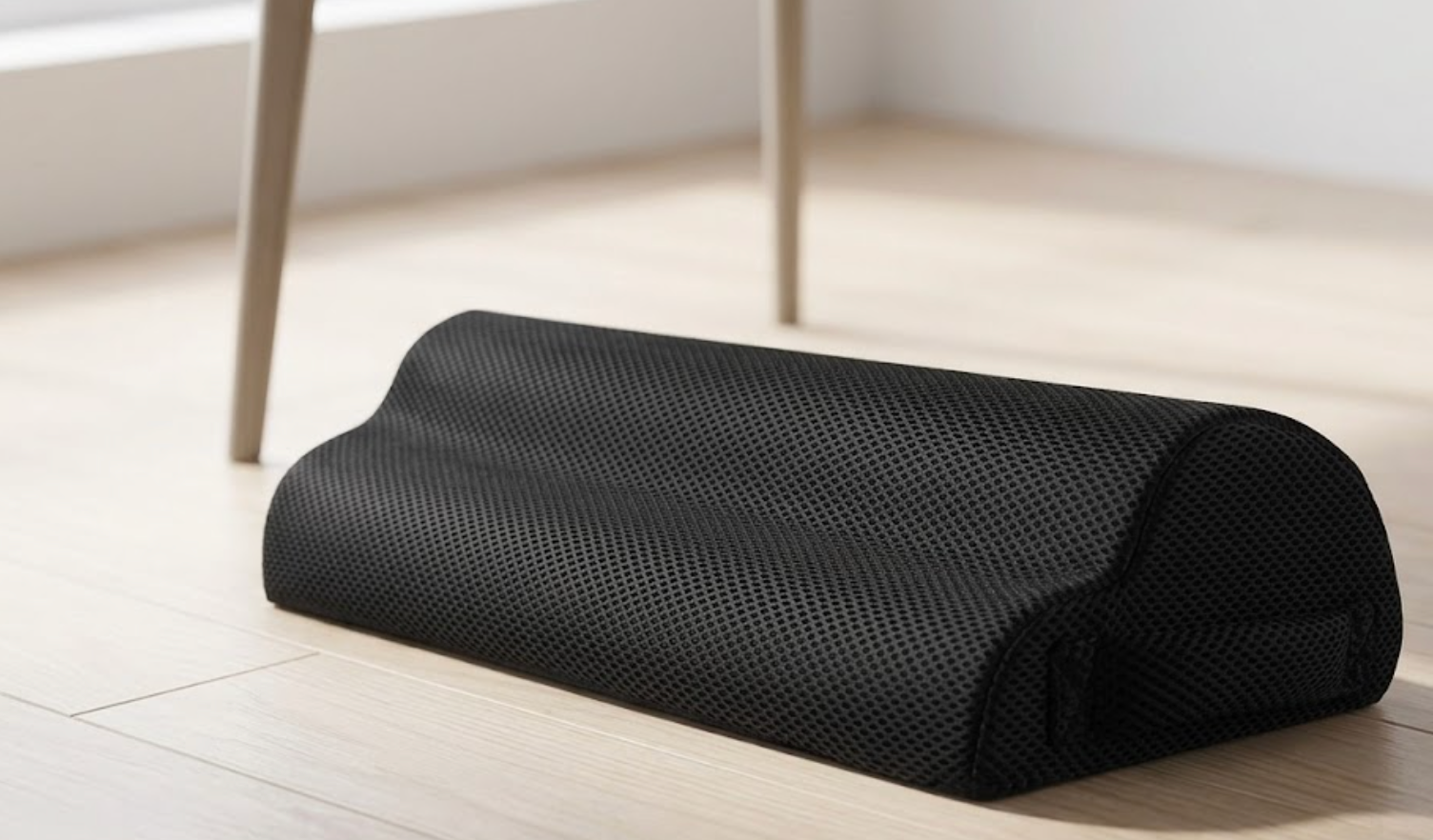 Repose-pieds ergonomique en mousse à mémoire de forme noir, vue sur le sol