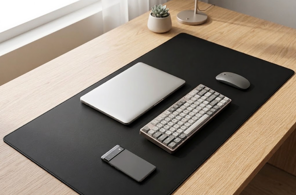 Tapis de bureau en cuir PU noir avec accessoires informatiques posés dessus